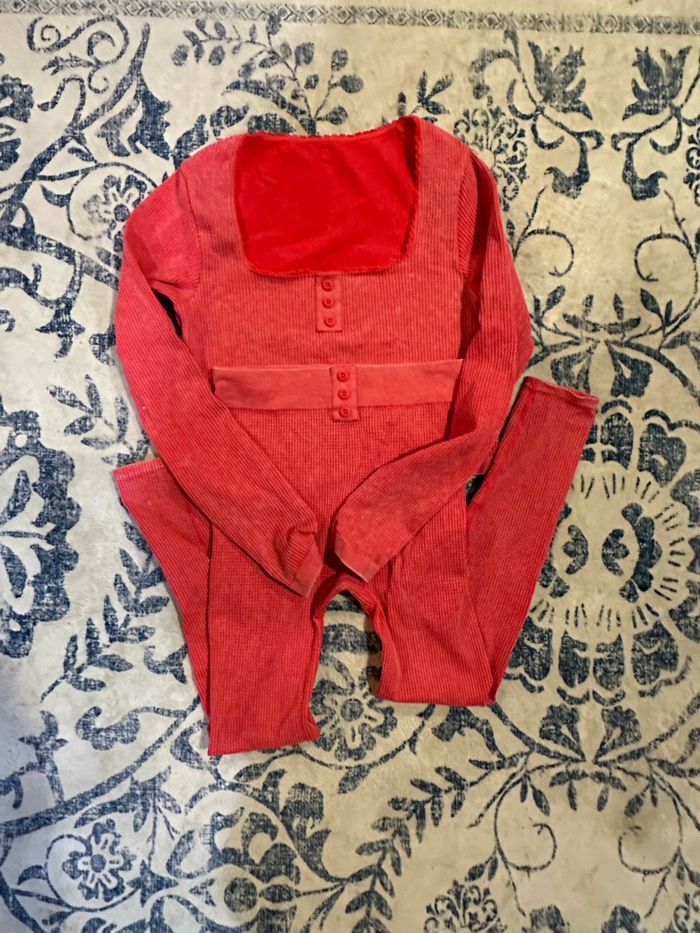 Fabletics Red Ribbed Long-Sleeve Henley Thermal Lounge Set (crop top)